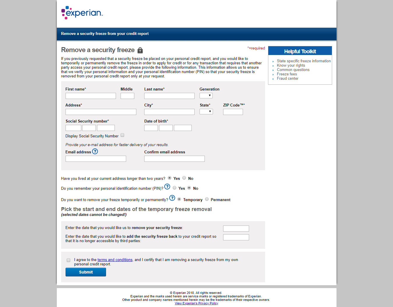 temporary lift security freeze equifax