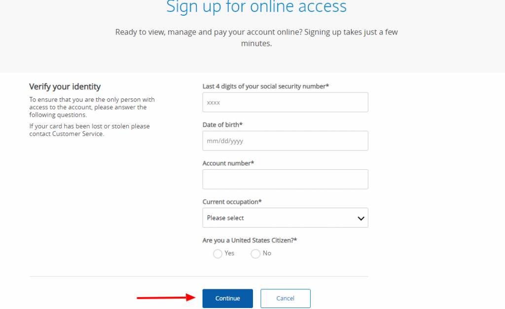 Sign up for online access Verify identity