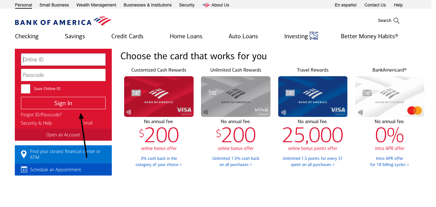 bank of america credit card login