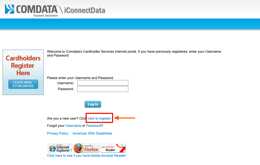 comdata card register page