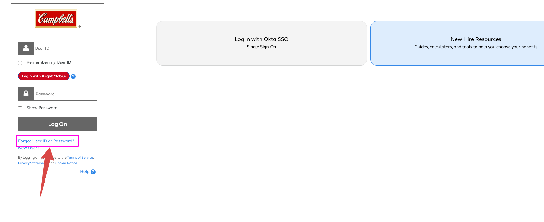 Campbell’s Employee Benefits forgot password page