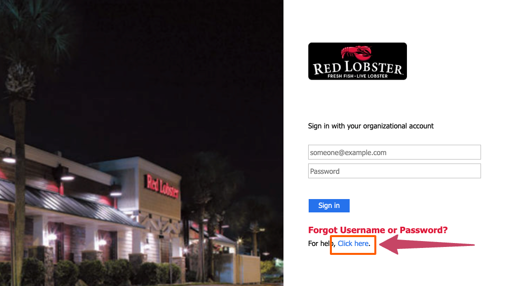 Red Lobster forgot username and password page