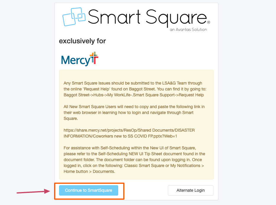 Smart Square Mercy Login page