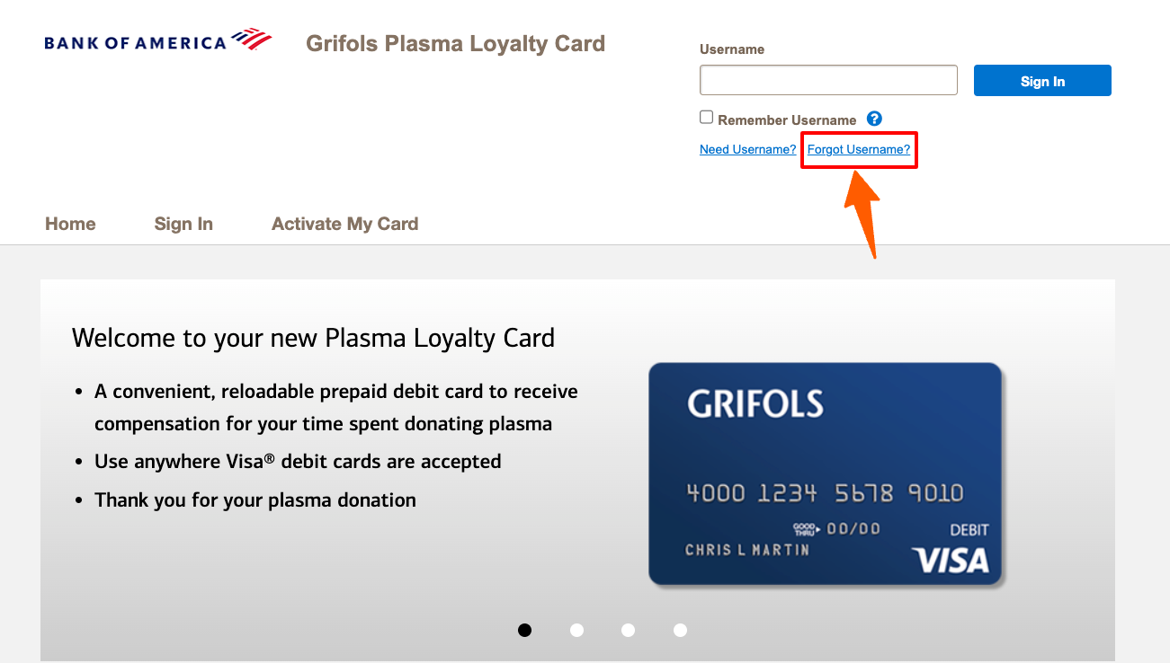 bank of america plasma loyalty card forgot username
