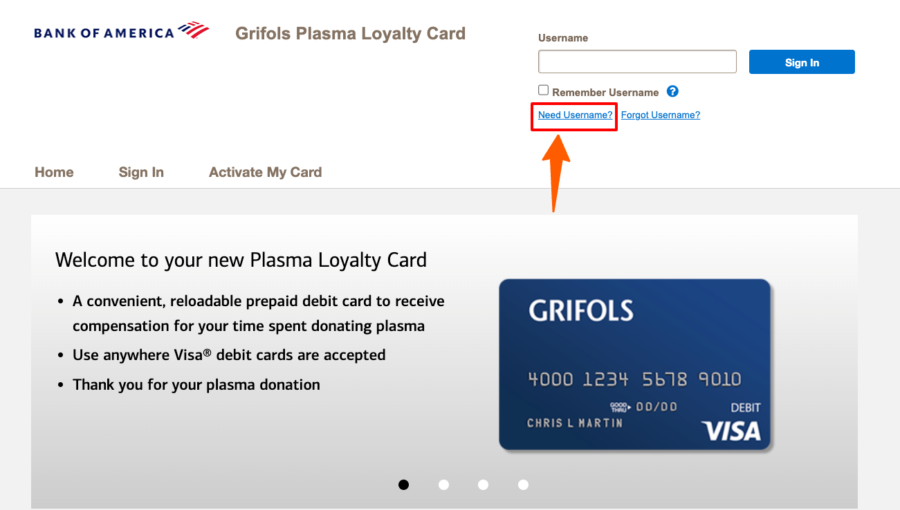 bank of america plasma loyalty card need username