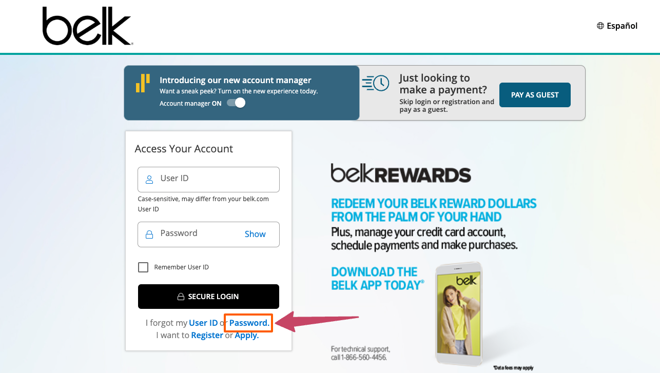 belk card forgot password page