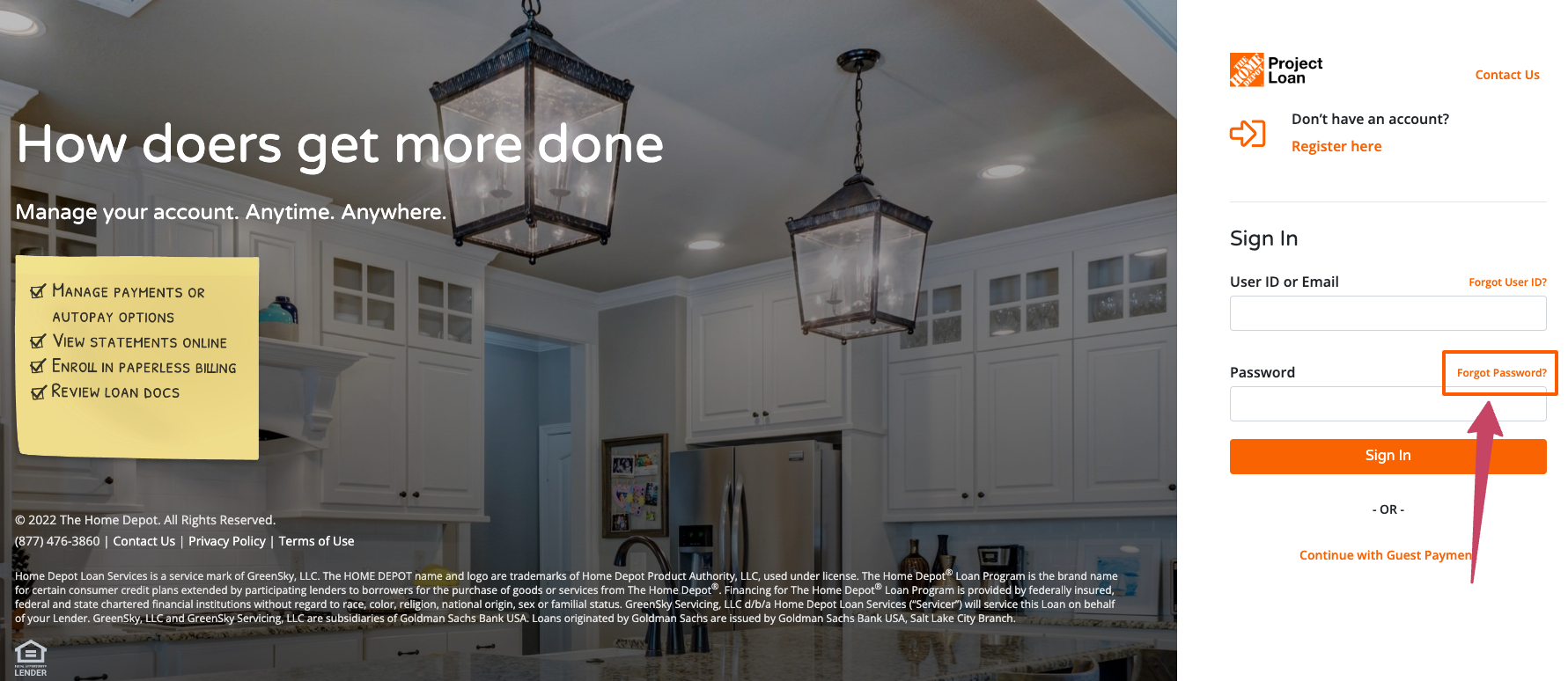 home depot project forgot password page